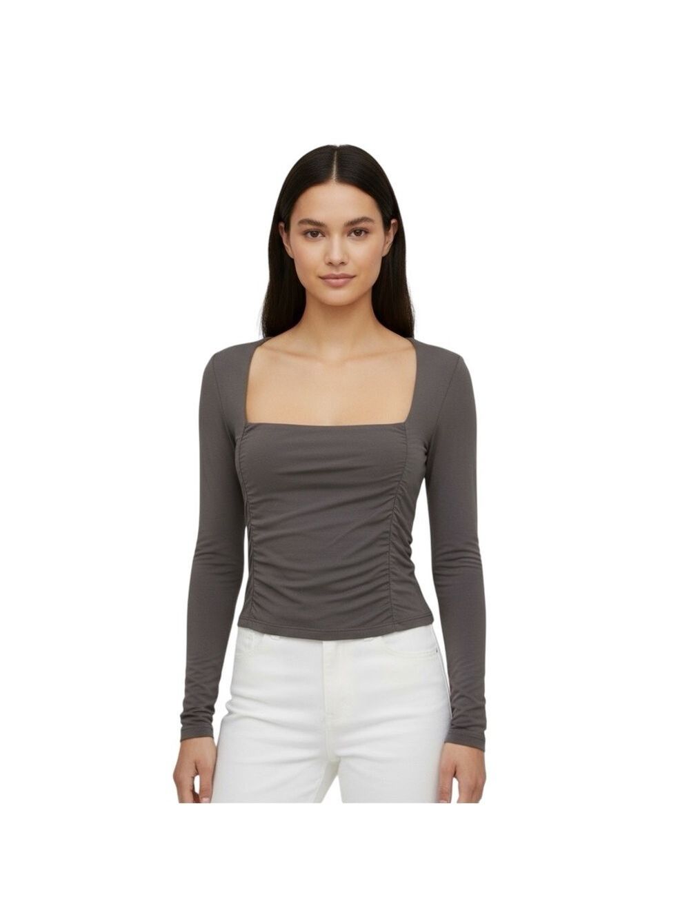 Wilfred Aritzia Square Neck Ruched Long Sleeve Stretch Top Size Medium Charcoal